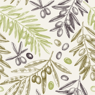 Olives seamless pattern. Olive branches background in retro style. Hand-drawn vector illustration. NOT AI generated.
